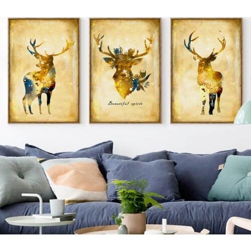 07G Nordic Retro Gold Deer Portrait A4 A3 A2 Canvas Art Painting Prints Poster Pictures Wall Living Room Home Decorative Murals