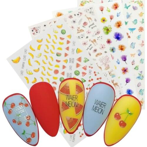 3D Nail Sticker Adhesive Wraps Fruit Nail Art Sliders Decals Leaf Banana Watermelon Cherries Flower Manicure Decoration