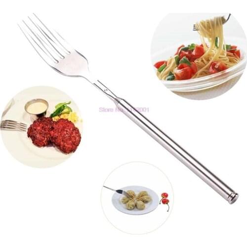 100Pcs/Lot Silver Stainless Telescopic Extendable Fork Dinner Fruit Dessert Long Cutlery Forks BBQ Meat Fork Kitchen Accessories