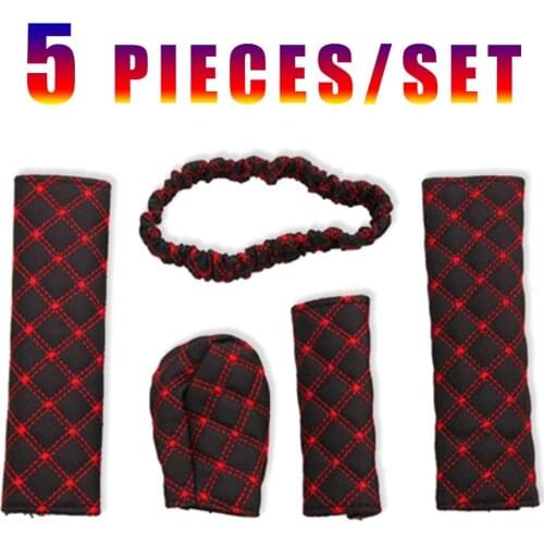 5pcs/set Car Faux Leather Gear Shift Knob Cover Car Hand Brake Cover Gear Shift Cover Rearview Mirror Cover Seat Belt Cover