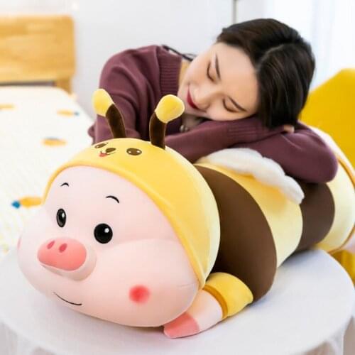 60/80cm Kawaii Lying Bee Pig Plush Toys Stuffed Soft Animal Bee Turn to Pig Pillow Cushion for Girls Birthday Valentines Gift