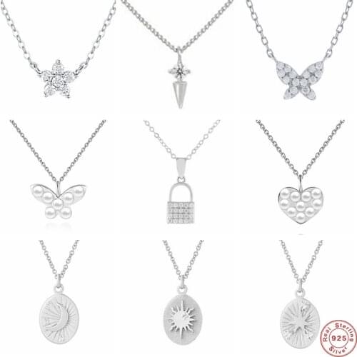 GS 925 Sterling Silver Pearl Butterfly Heart Pendant Necklaces Women Zircon Lock Shell Charm Necklace Birthday Gift For Her