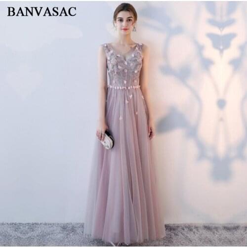 BANVASAC 2018 Beading V Neck Flowers Appliques Sash A Line Long Evening Dresses Lace Embroidery Backless Party Prom Gowns