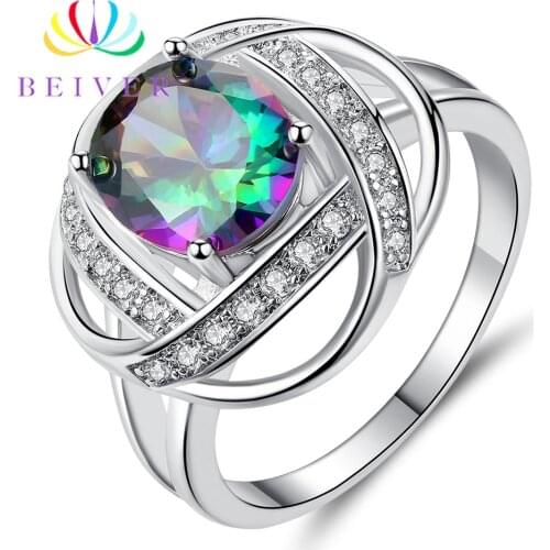 Beiver 2019 New Arrival White Gold Rainbow Round Zircon Promise Wedding Clover Rings for Women Party Jewelry Ladies Gift R583W-C