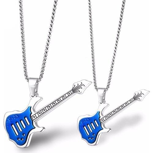 RIR Rock Guitar Necklace Pendant Men Stainless Steel Electric Guitar Pendant Hip Hop Jewelry For Music Lover