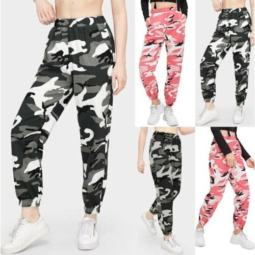 Women Sport Long Pants Camouflage Military Loose Pants Elastic Waist Casual Camo Cargo Pants Workout Harem Pants