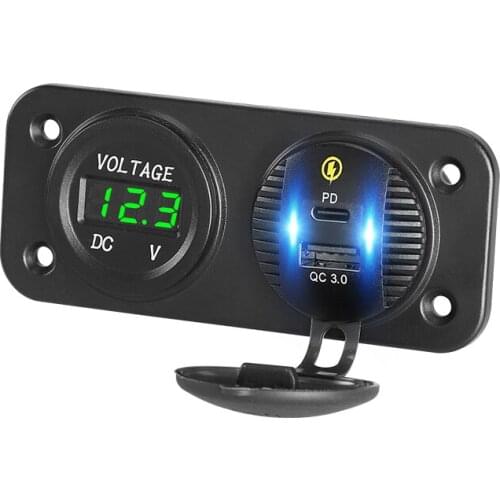 Quick Charge QC3.0 & Type-c 12V Dual USB Charger Power Adapter Outlet With Voltmeter for Car Boat Marine Motorcycle Scooter RV