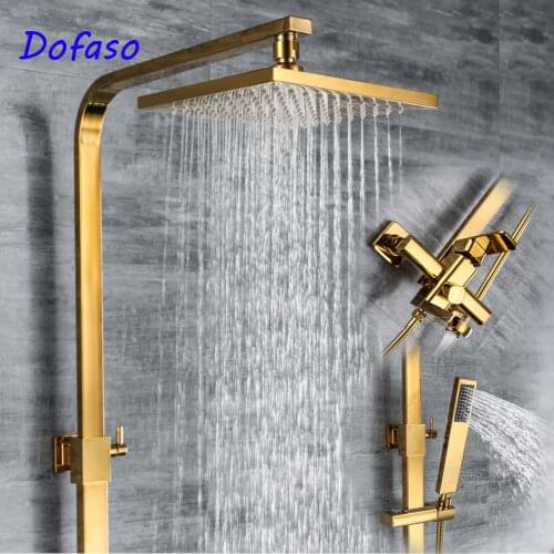 Dofaso Solid Brass gold shower faucet Double Handles Bathroom Mixer Tap Tub Swivel Spout Hand bath Shower set