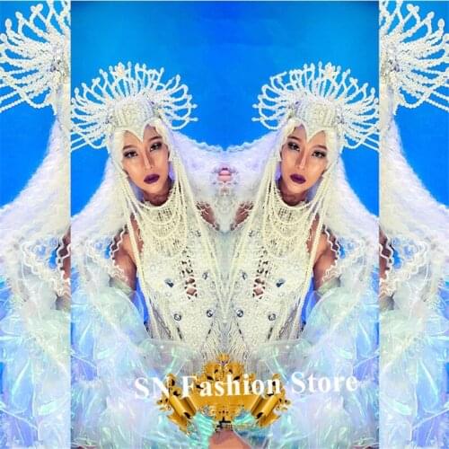 EC68 Ballroom dance singer wears costumes dj bodysuit pearl outfit dresses clothe party ocean coral cloak performance headwear