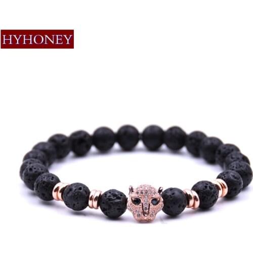 HYHONEY 8mm Black Lava Natural Stone Bracelet Men Micro Pave Zirconia CZ Leopard head Bracelets & Bangles Energy Jewelry
