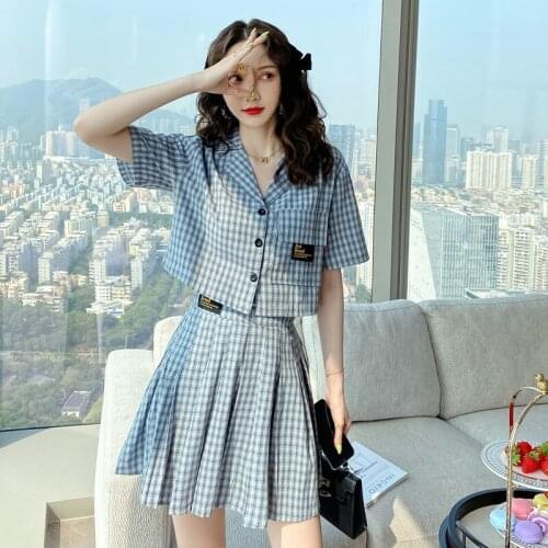 2 Piece Set Summer Dresses Black Tops Women Dress Preppy Style Grey Plaid Bodycon Bandage Mini Skirts Sexy Party Korean Clothes