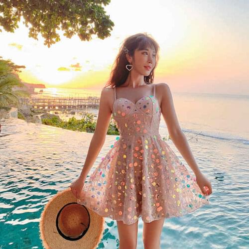 Korean Version Of Sexy Sling Steel Support Gathers Sequins Embellished Lace Skirt Boxer Shorts Open Back Cross Strap Swimsuit