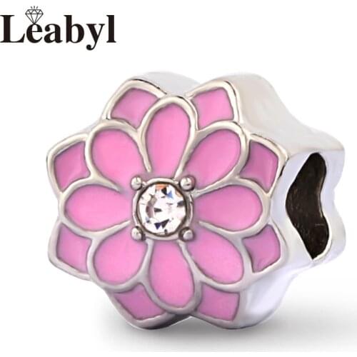 Leabyl Cute Enemal Pink Flower Charm fit Bracelet Bangle Necklace European & American Trendy Plant Beads for DIY Jewelry Making