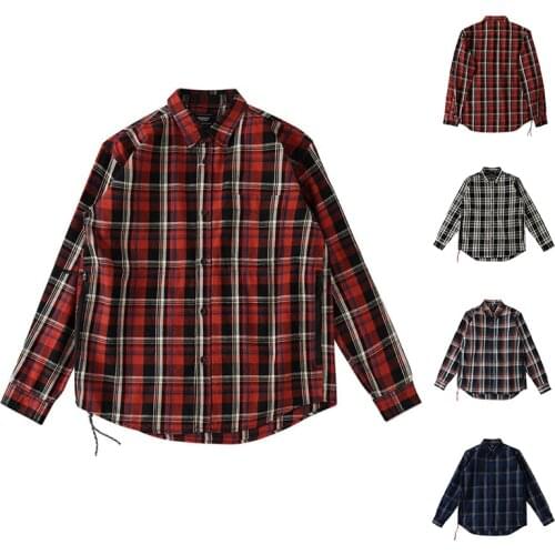2021 Thick Spring High Quality Colorfast European Size Long Sleeve Cotton Washed Flannel Plaid Shirt Men Jacket In Red Oversized