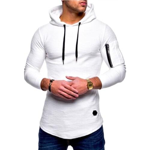 Autumn and Winter mens pure color round collar hooded long sleeve T-shirt zipper stitching