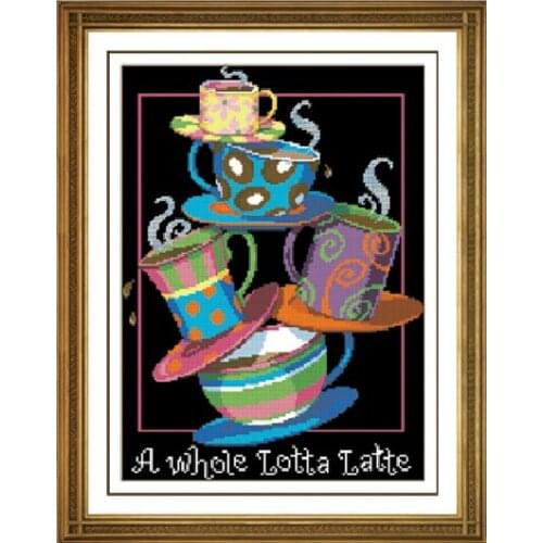 Needle crafts Top Quality 14ct Counted Cross Stitch Kits, A Whole Lotta Latte Cartoon Restaurant Decorative Cups 12 by 18 inches