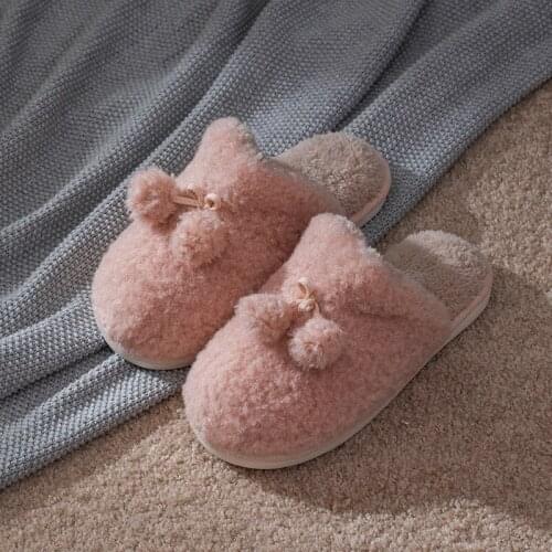 Winter New Women Bow Fur Slippers Warm Flock Plush Bedroom Ladies Flat Cotton Shoes Autumn House Women Furry Slippers