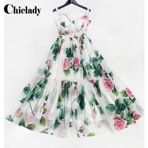 CHICLADY2021 Summer Runway Fashion Holiday Dress Women Vintage Flower Print Midi Spaghetti Strap Vestidos Resort Party Dresses