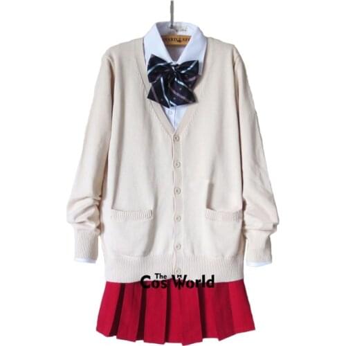 Preppy Style Student Class Japan JK High School Uniform Winter Apricot V-Neck Cardigan Red Skirt White Shirt Suits