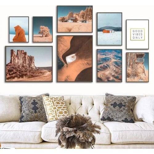 Scandinavian Wall Art Wheat Field Houses Desert Danxia Landscape Canvas Painting Nordic Posters Decor Pictures for Living Room