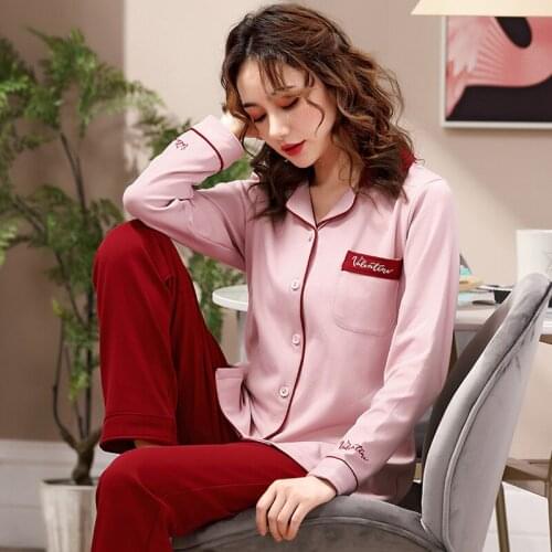 Spring And Autumn Pajamas Womens Cotton Long Sleeve Thin Homewear Summer Lovely Pink Colour Suit
