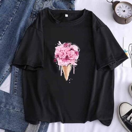 Flower ice cream Women Black T Shirt Female Sexy Harajuku Girl Clothes 2021 Casual Kawaii Hipster Lip Tees Top ,Drop Ship