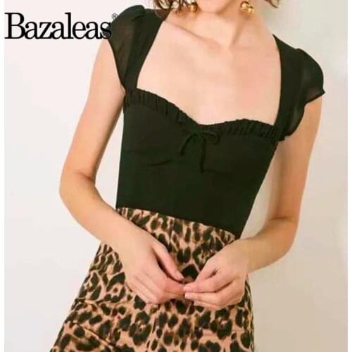 Bazaleas Vintage slim Blouse Chic Rueded green ropa mujer Fashion Elasticblouse women harajuku