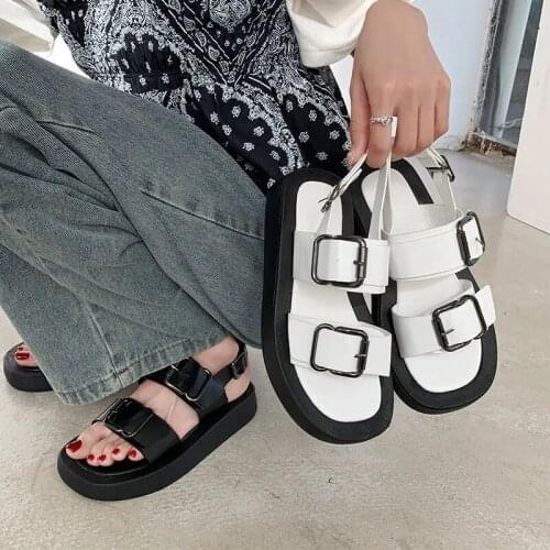 Gothic Chunky Buckle Strap Sandals Punk Platform Leather White Black Shoes For Women Harajuku Rome Summer Beach Ladies Flats New