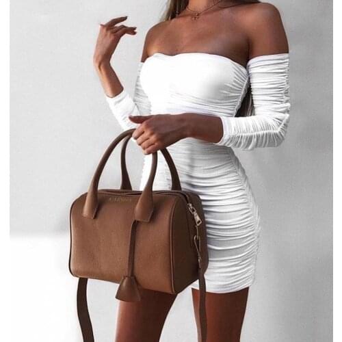 New Spring/Autmn Ladies White Dress Low Cut Long Sleeve Dress Street Casual Dress Sexy Low Cut Strapless Drawstring A-Line Dress