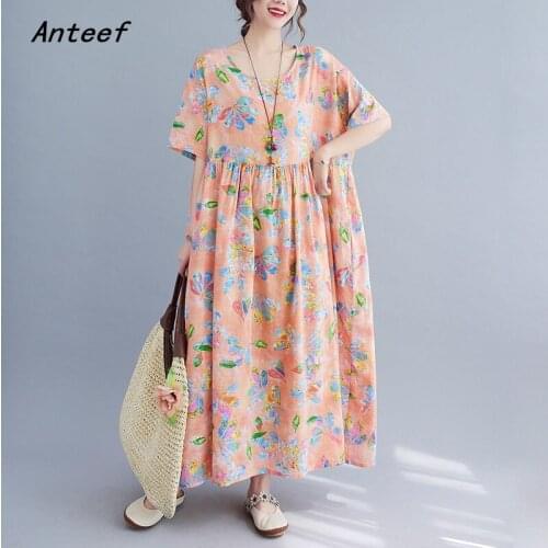 Short sleeve cotton vintage floral dresses for women casual loose long woman summer dress elegant clothes 2021