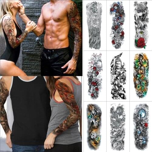 2 piece large size Temporary Tattoo Sticker for Full arms skull flower Black fake tattoo dragon angel False light Tattoo Sleeve