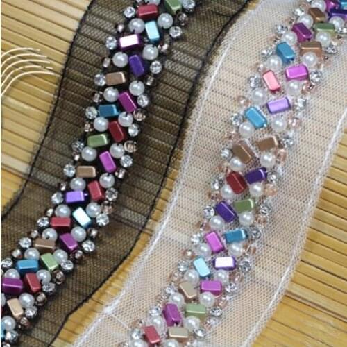 2Yrd Colorful Beading Pearl Trim Beaded Crystal Lace Trim Clothing Collar Bridal Sewing Accessories Wedding Sash Belt Decoration