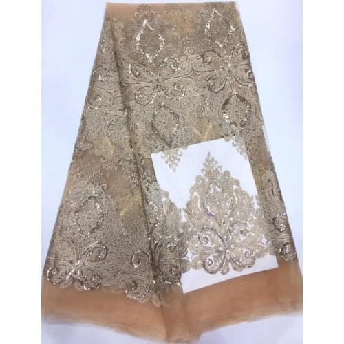 5yards/lot) high quality champagne gold threads embroidered African French net lace fabric with sequins for party dress ZL82