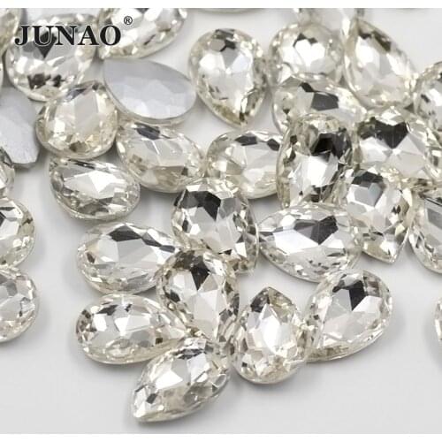 JUNAO 50pcs 13*18mm Clear AB Teardrop Glass Rhinestone Applique Pointback Diamond Strass Non Sew Crystal Stones for DIY Crafts