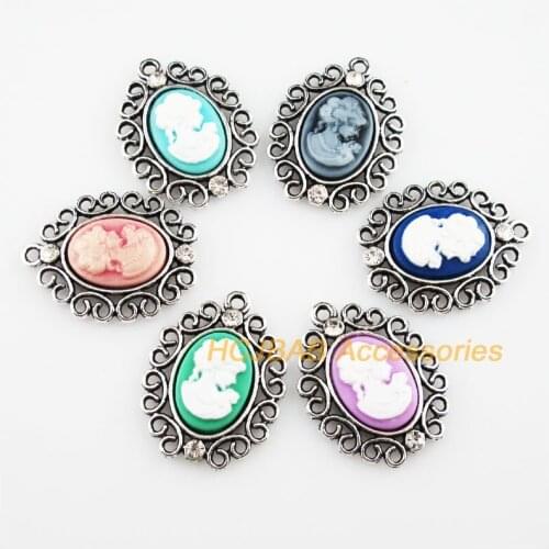 6 New Beauty Charms Tibetan Silver Color Resin Mixed Pendants 25x32.5mm