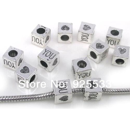 Free shipping 50pcs 9mm big hole antique metal love you spuare beads fit European bracelet jewelry DIY