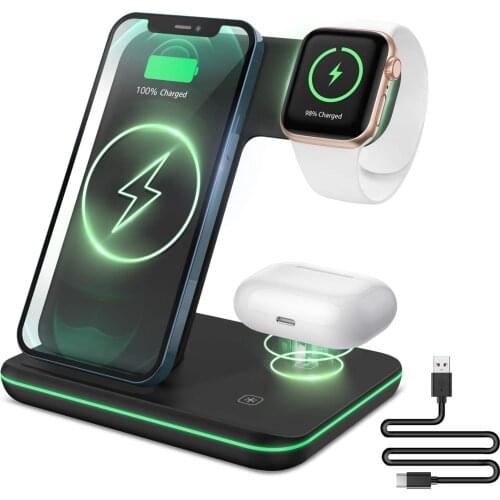 Wireless Charger 3 in 1 Qi-Certified 15W Fast Charging Station Compatible with All Apple Watch, AirPods Pro, iPhone 12/11