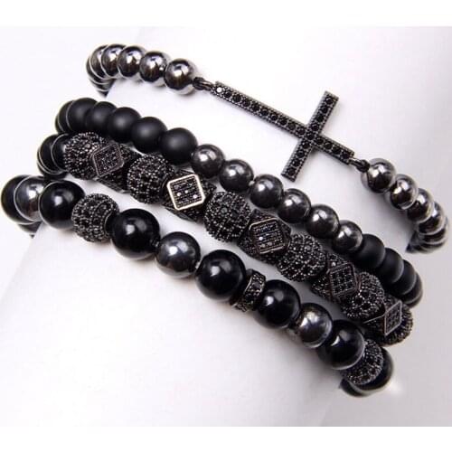 4pcs/set Hot Sale Classical Handmade Braiding Bracelet Hip Hop Men black Pave CZ Zircon Cross charm Bracelet Luxury Jewelry