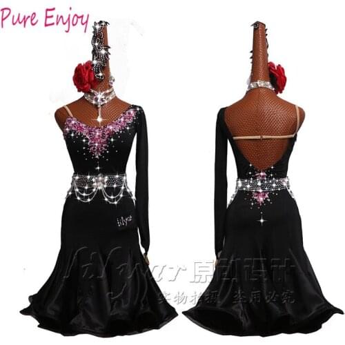 Black Latin Dance Dress Single sleeve Latin Ballroom Salsa Dress Rumba Tango Dance Show Stage Costumes Custom size dress+belt