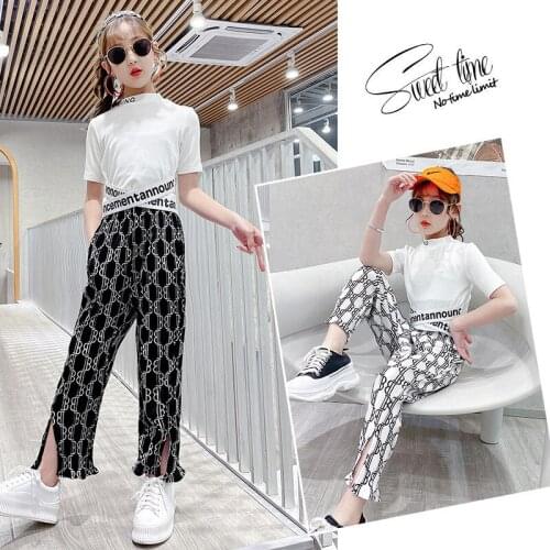 Childrens Alphabet Short Sleeve Suit 2021 Girls Short Bodysuit + Childrens Split Flare Pants 2PCS