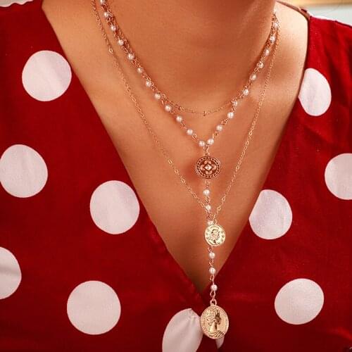 Tocona Retro Gold Coin Pendant Long Necklace Chain Charm Layered Adjustable Pearl Clavicle Necklace for Women Jewelry 8697