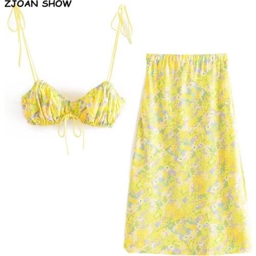 Retro Green Leaves Print Bow Tie Lacing up Strap Bra Crop Top Sexy Women Yellow Midi Long Skirt Holiday Tank Tops 2 Pieces Set