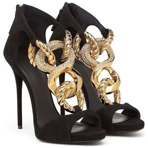 Summer Gold Metal Chain Sandals Charming High Heel Sandalias Mujer Gladiator Sandal Women Black Suede Peep Toe Dress Heels