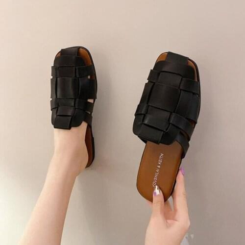 Summer Leather Slippers Womens Baotou Plaid Beach Sandals Female Flat Shoes Woman Outside Slides Size 35-40 Ladies Flip Flops