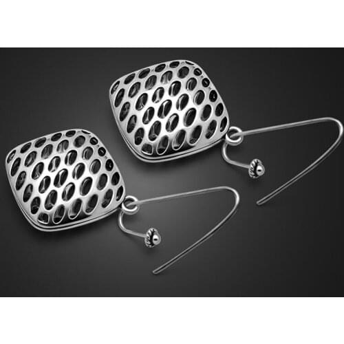 Hot 925 sterling silver jewelry. Fashion hollow pattern square earrings. Retro Thai silver woman earrings. Charm Lady jewelry