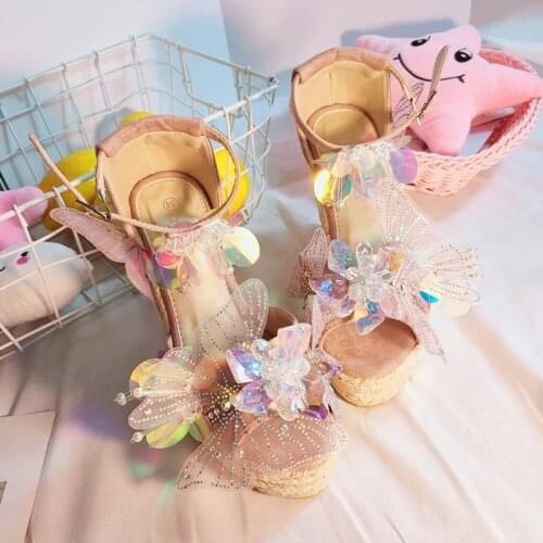 Sweet Straw Woven Wedge With Rhinestone Super High Heel Ladies Sandals Summer Hot Sale Exquisite Plus Size Womens Shoes 35-40