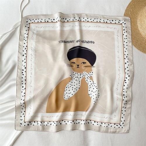 Cute Cat Neckerchief Design Satin Headband Shawl Silk Square Scarf For Women Head Wraps Female Foulard Print Hair Bands Bandana