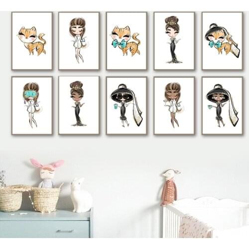 Cartoon Fashion Women Cute Cat Nursery Wall Art Canvas Painting Nordic Posters And Prints Wall Pictures girl Kids Room Decor