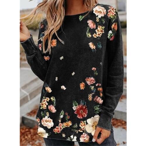 New Style Flower Clothes Graphic Vintage Plus Fashion Tops Womens Loose Printed Pullover Round Neck Long Sleeve Casual Tops