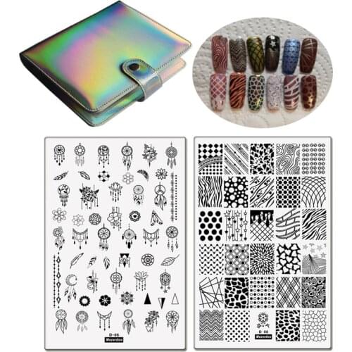 2Pc Geometric Wave Stamping Plates with 1Pc 20Slot Silver Laser Nail Stamping Plate Holder Set Nail Art Stamp Template Stencils